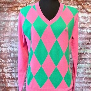 Lilly Pulitzer Pink and Green Argyle V-Neck Sweater